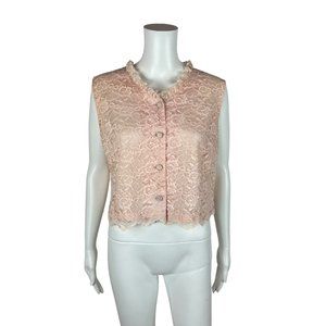 Vintage 50s Lace Top Women's Large Pink Ruffle Button Front Sleeveless Shell